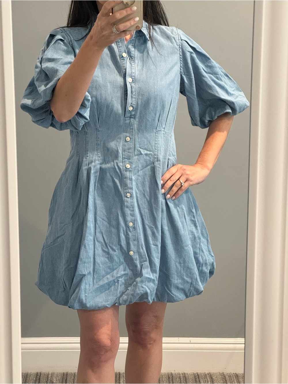 GAP Light Blue Puff-Sleeve Button-Front Mini Dress